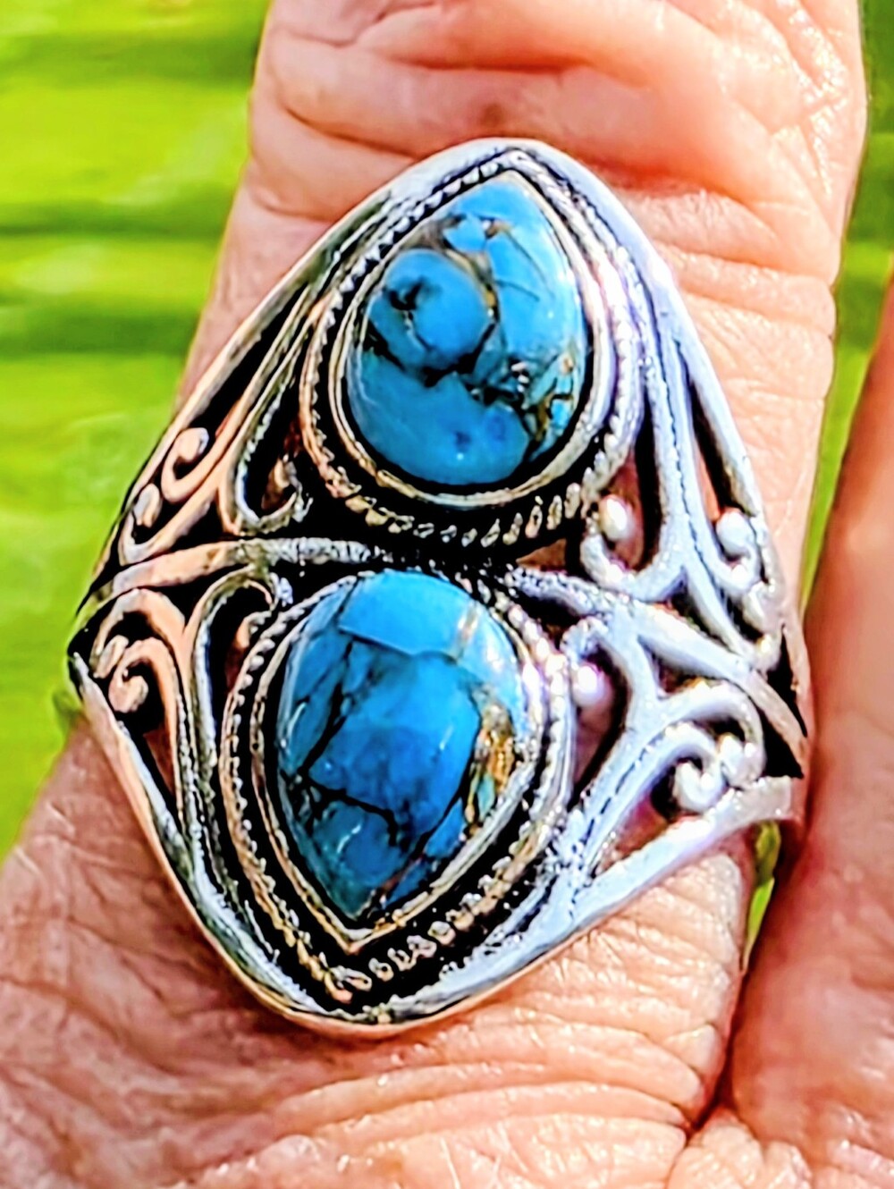 Copper Blue Turquoise Gemstone Ring In 925 Sterling Silver (9.5)